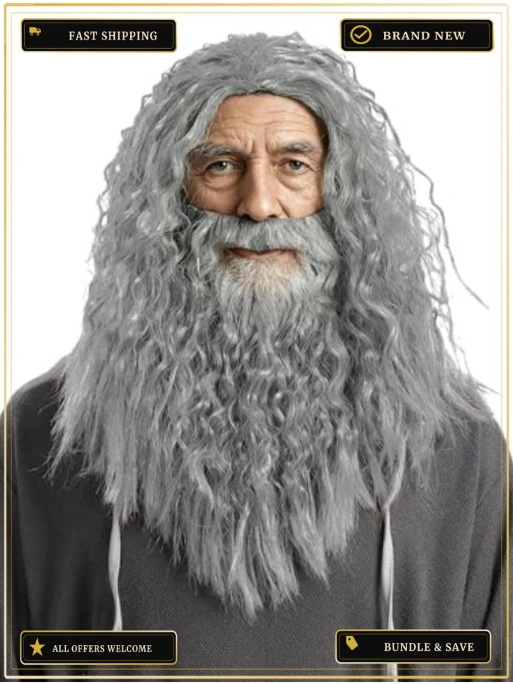 Mens Wizard Wig with Beard Synthetic Fiber Heat Resistant Halloween Cosplay